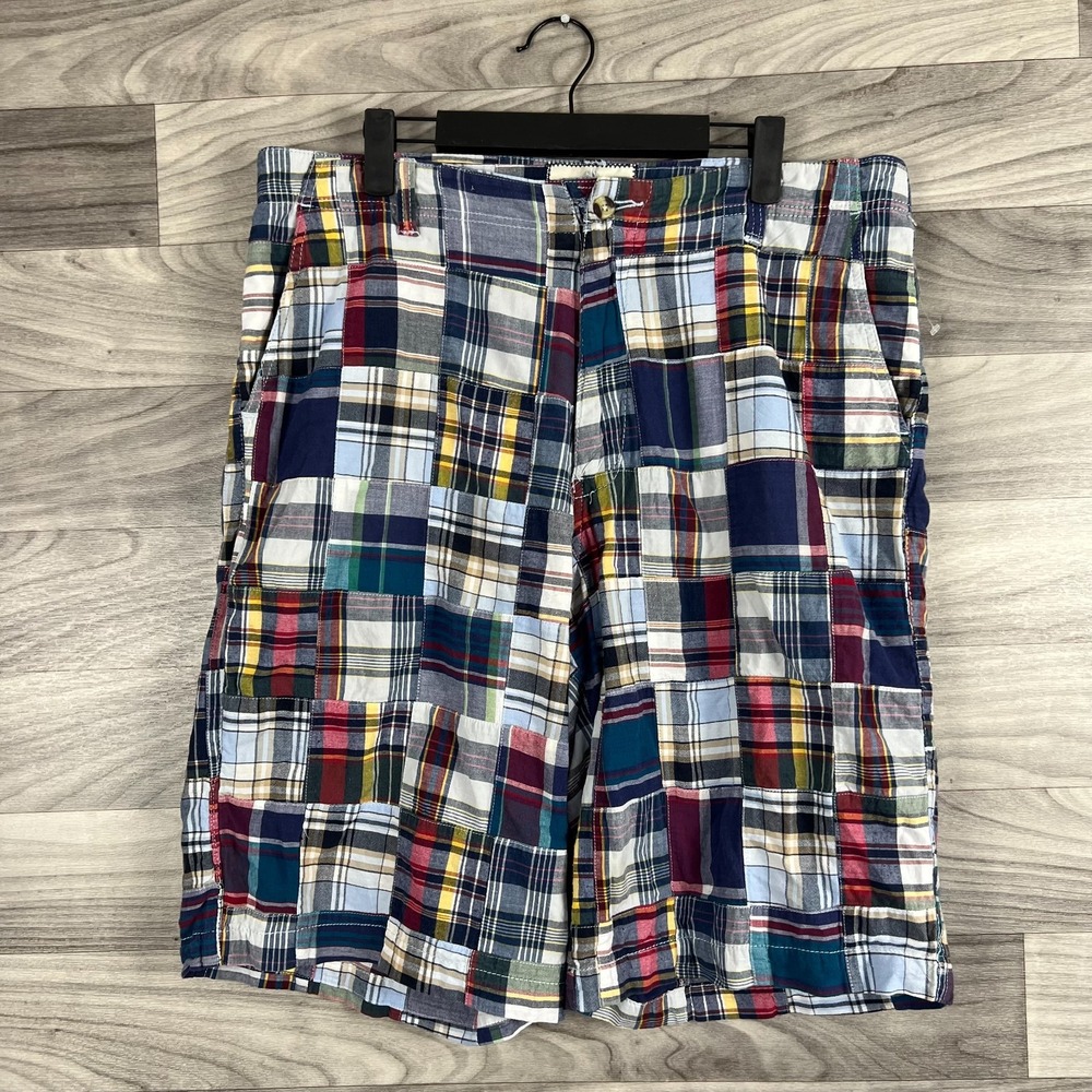 Andrew Fezza Bermuda Shorts Mens 36 Multicolor Plaid Patchwork Flat Front Casual